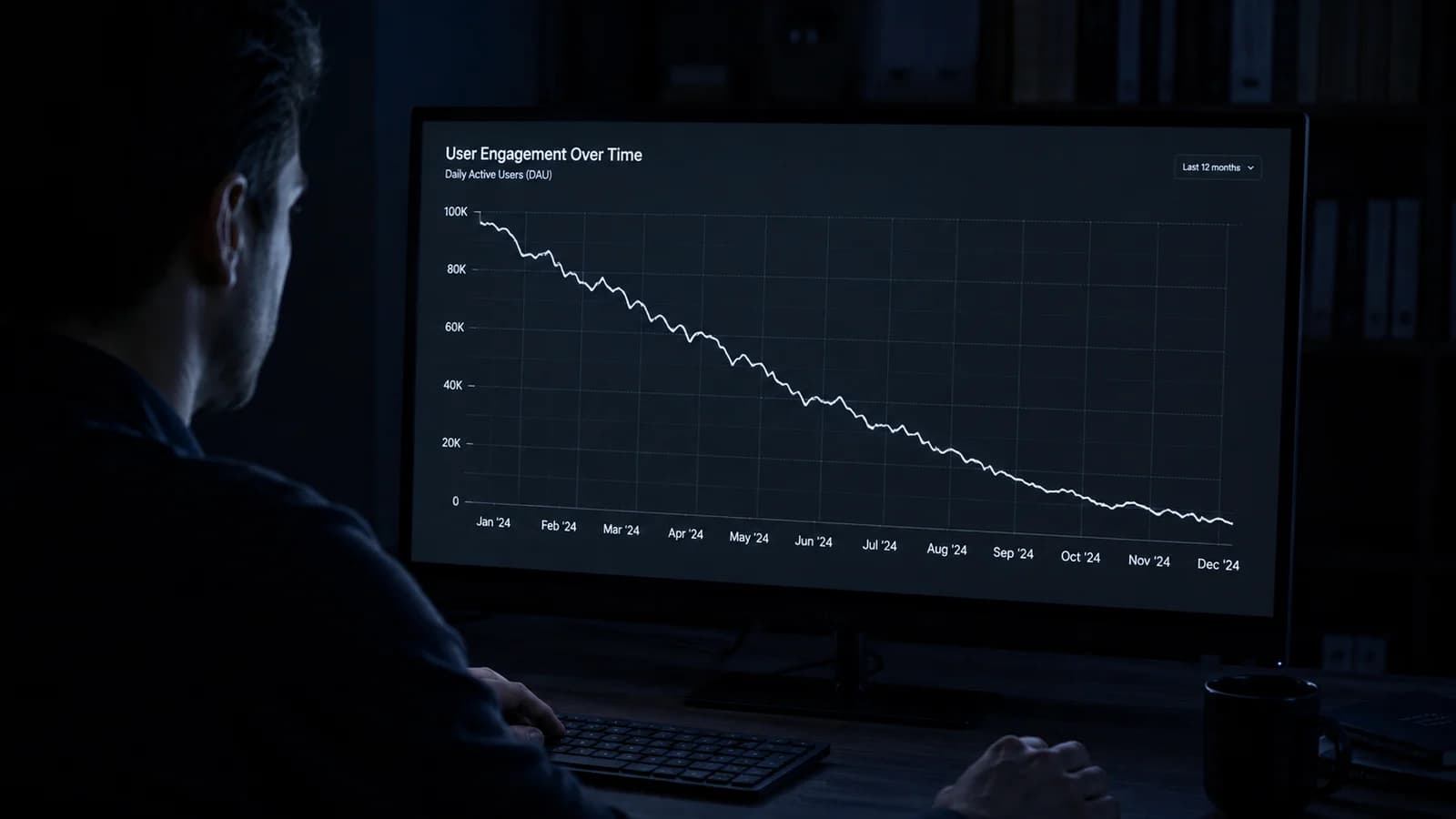 Persona di spalle davanti a un monitor con il grafico delle visite che scende da sinistra a destra