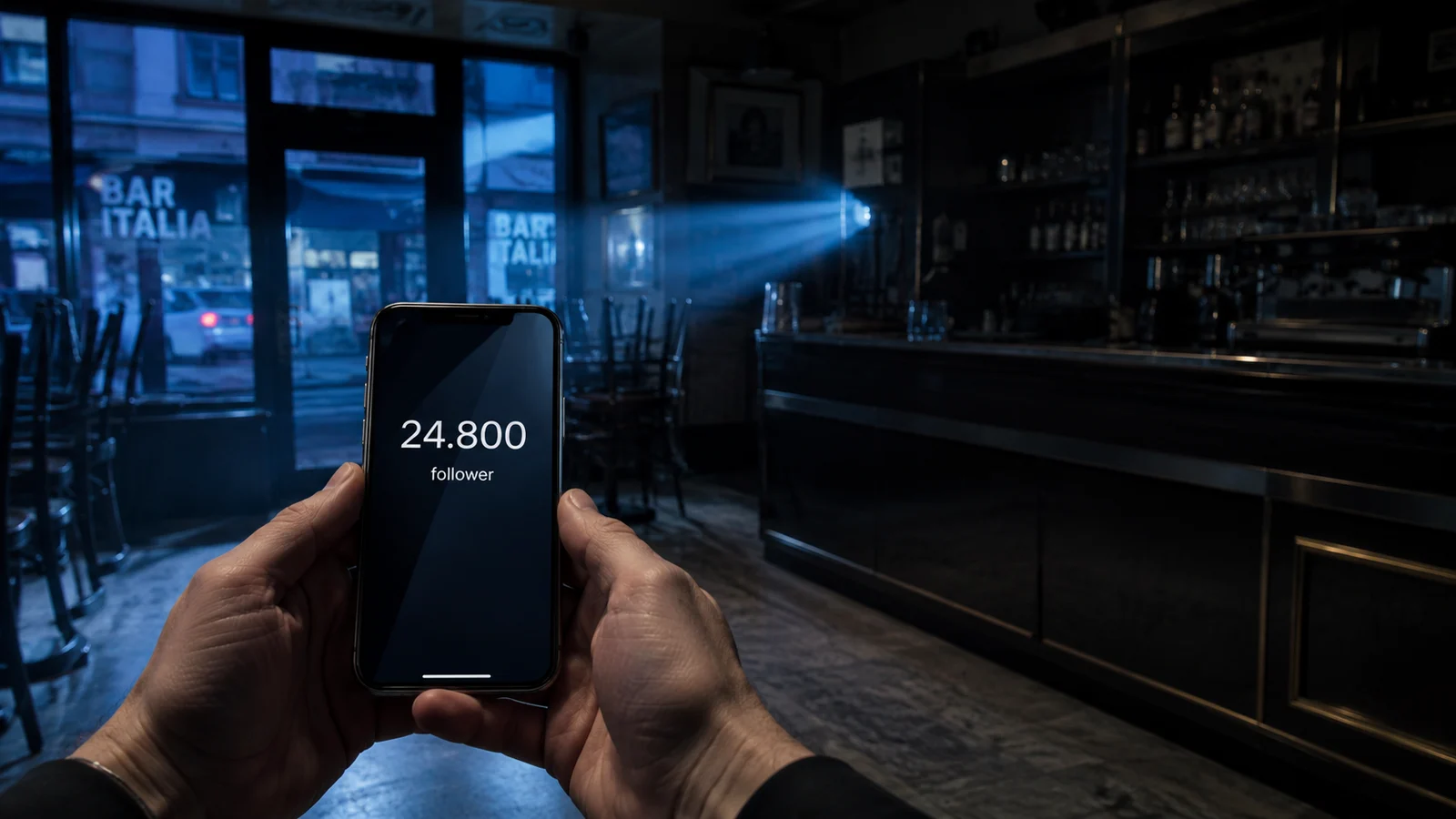 Due mani reggono uno smartphone che mostra 24.800 follower, dentro un bar deserto illuminato di luce blu