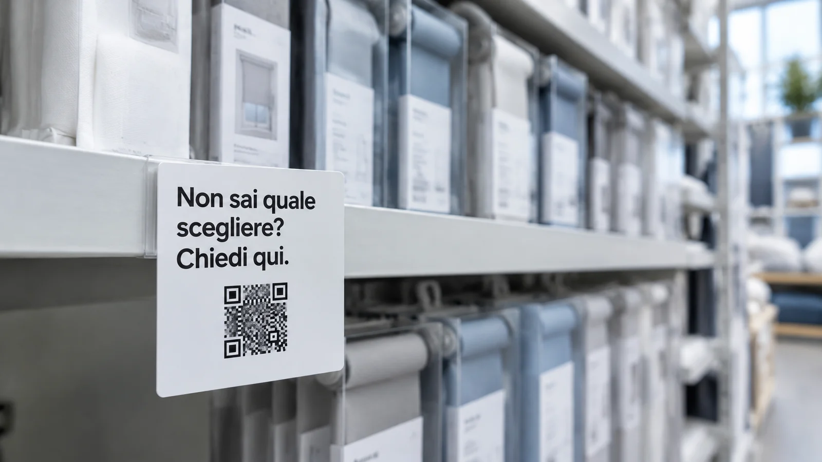 Cartellino con QR code e la scritta «Non sai quale scegliere? Chiedi qui.» sul bordo di uno scaffale di tende a rullo