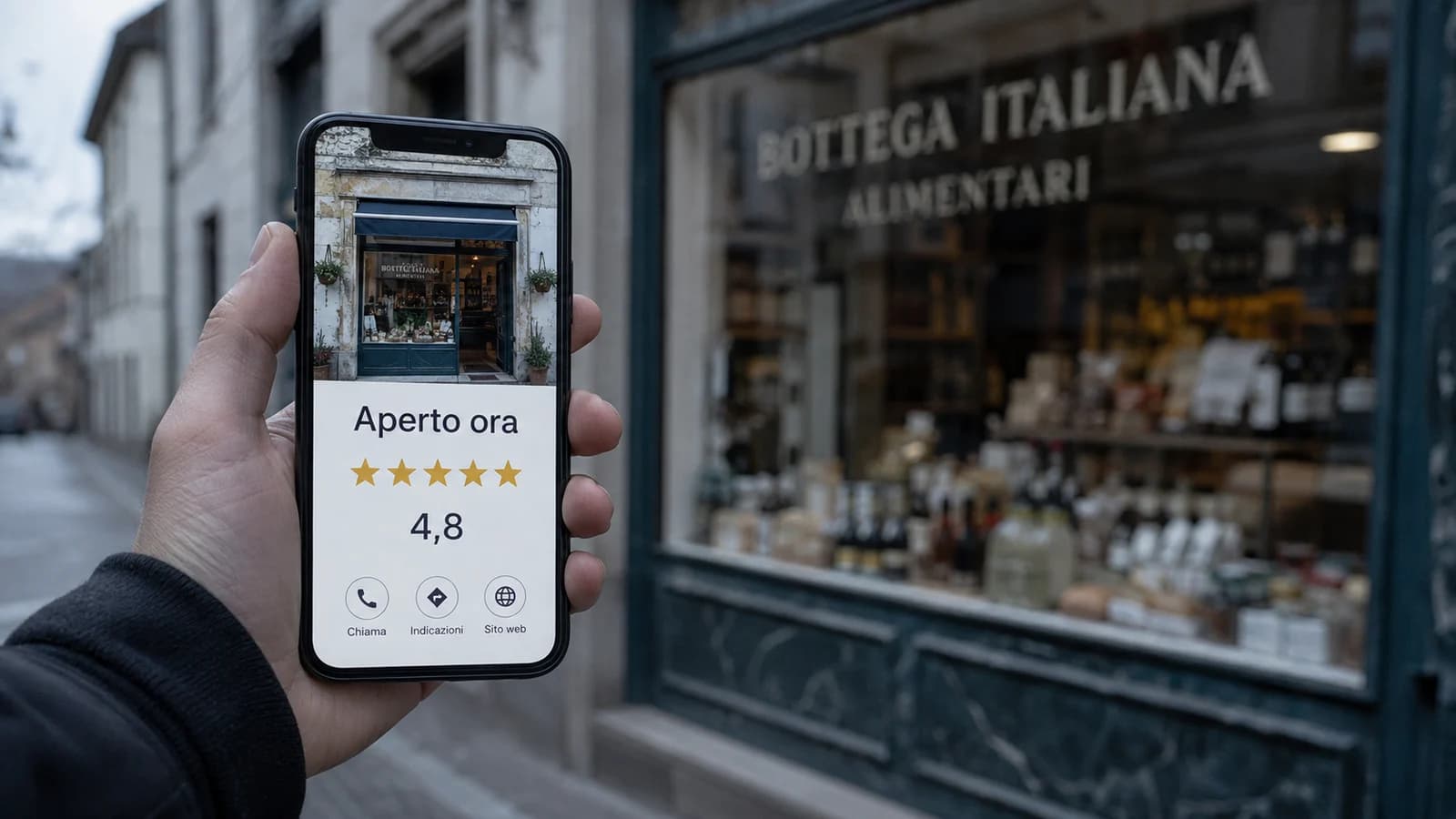 Una mano regge uno smartphone con la scheda di una bottega, aperto ora e 4,8 stelle, davanti alla vetrina del negozio