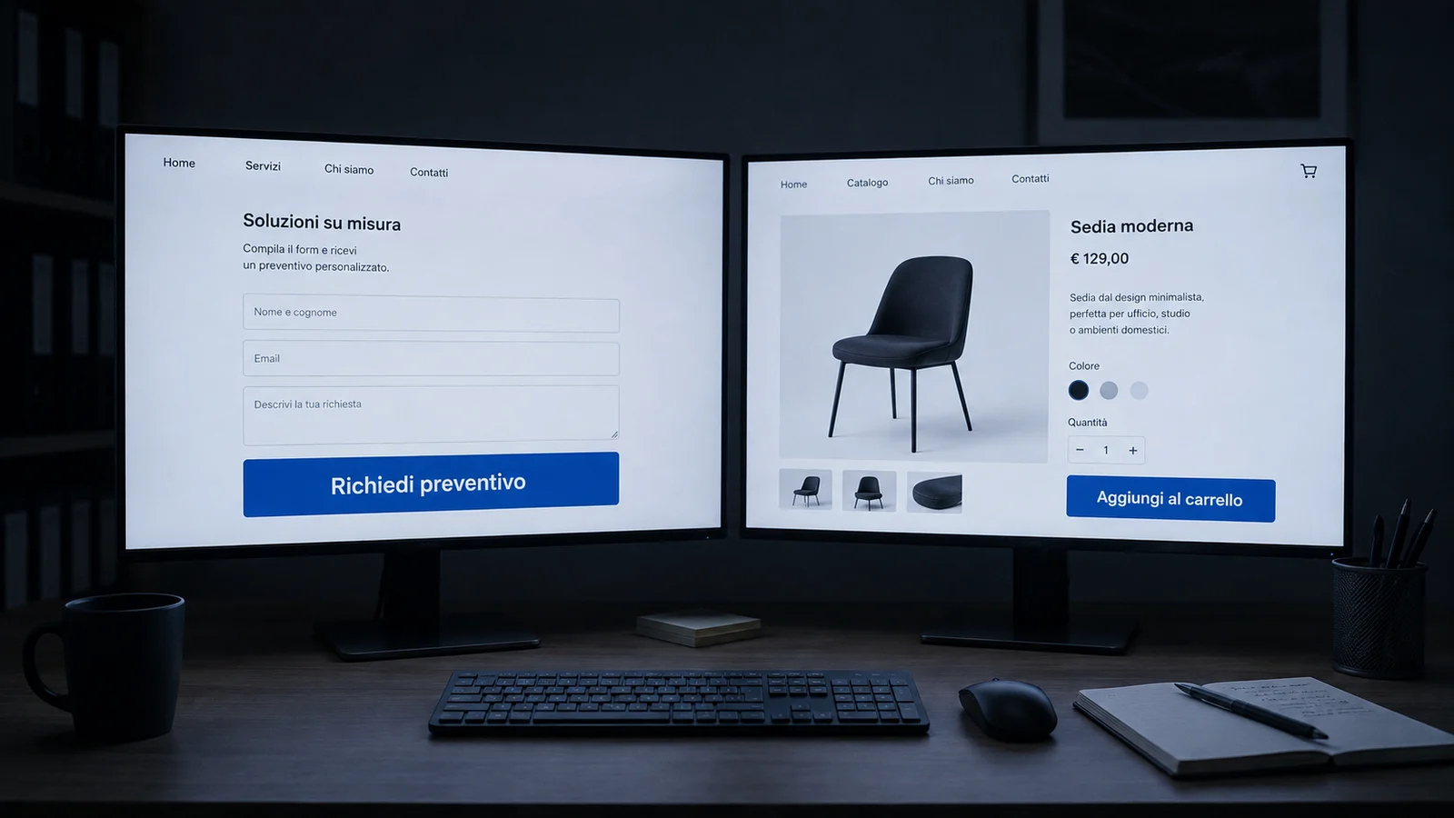 Due monitor affiancati: a sinistra un modulo per chiedere un preventivo, a destra una scheda prodotto con il pulsante Aggiungi al carrello